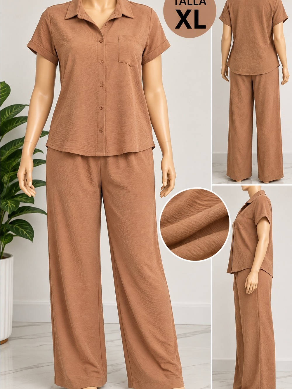 Relaxed Wide-Leg Two-Piece Set — Brown